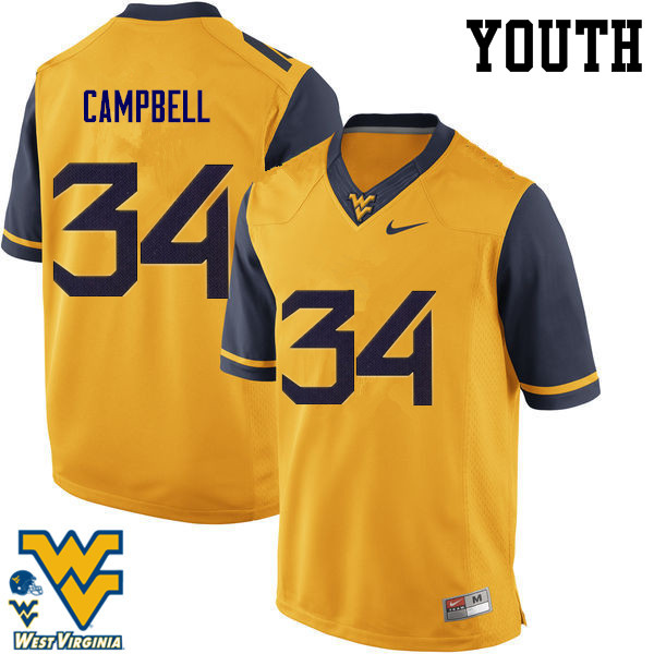 Youth #34 Shea Campbell West Virginia Mountaineers College Football Jerseys-Gold